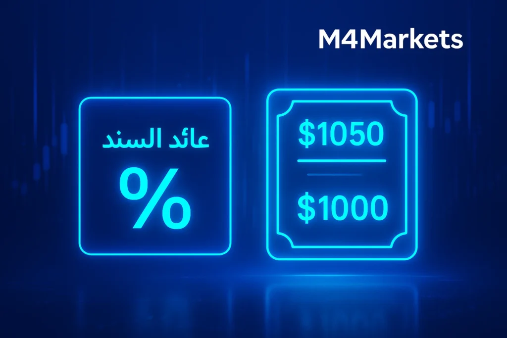 صورة رقمية لعائد السند، تعرض تعريفه ومقارنته بالقيمة الاسمية في خلفية زرقاء عالية التقنية.
