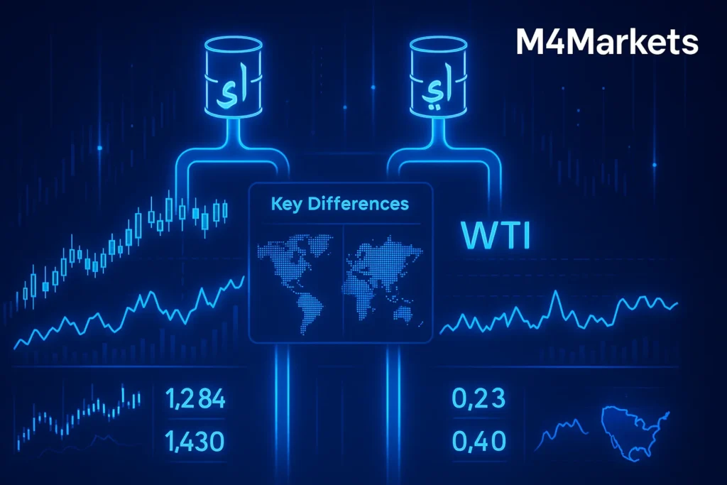 رسم بياني رقمي يوضح مقارنة الفروقات الرئيسية بين نفط برنت كروود ونفط غرب تكساس الوسيط بأسلوب تكنولوجي مستقبلي.