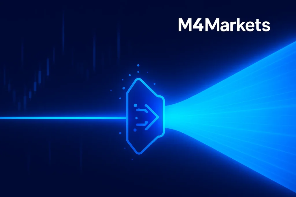 تمثيل رقمي آلي لعملية الرافعة المالية، حيث يتم تضخيم مدخل صغير (هامش) إلى تدفق بيانات مالي كبير.