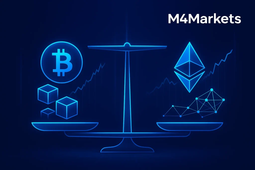 مقارنة بصرية مستقبلية بين آفاق نمو إيثيريوم وبيتكوين ودورهما المزدوج في الاقتصاد الرقمي.