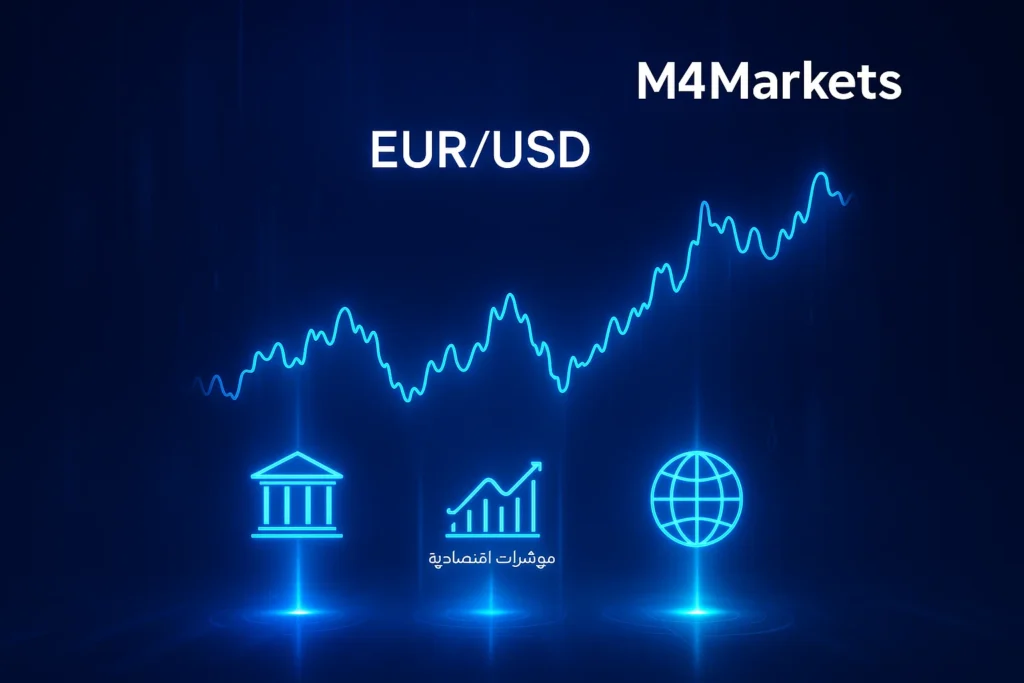 رسم بياني لـ EUR/USD يتأثر بثلاثة مصادر طاقة نيون، ترمز لقرارات البنوك المركزية والمؤشرات الاقتصادية.