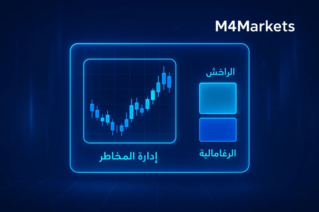عرض مستقبلي رقمي لمفهوم الهامش في الفوركس يوضح كيفية الحساب وإدارة المخاطر في التداول بالرافعة المالية.