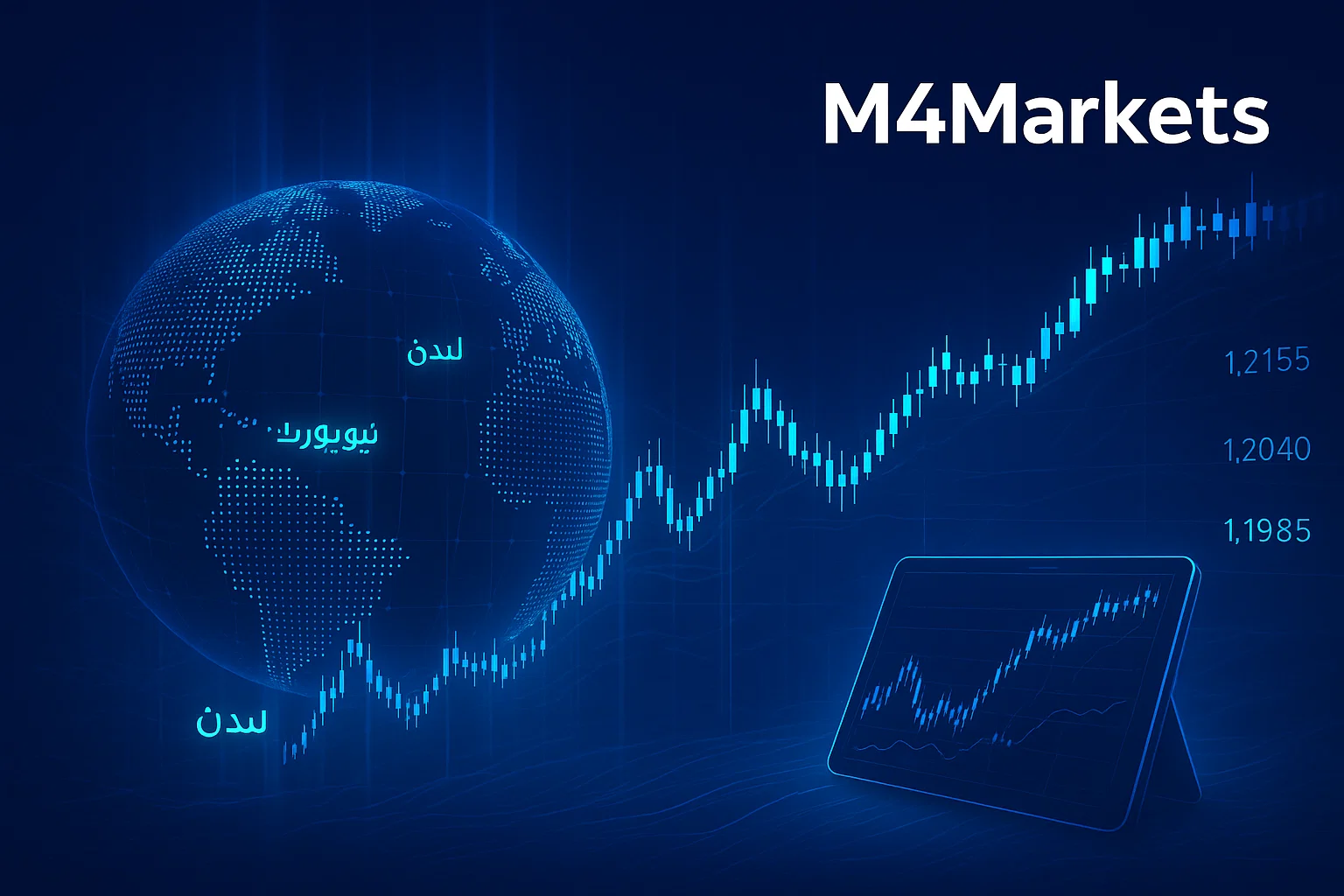 تصميم رقمي عالي التقنية لسوق الفوركس العالمي. خلفية زرقاء داكنة مع خطوط بيانات متدفقة ورسوم بيانية لأسعار صرف العملات، ترمز للسيولة العالية ودليل شامل لتداول العملات الأجنبية. شعار M4Markets في الزاوية العلوية اليمنى.