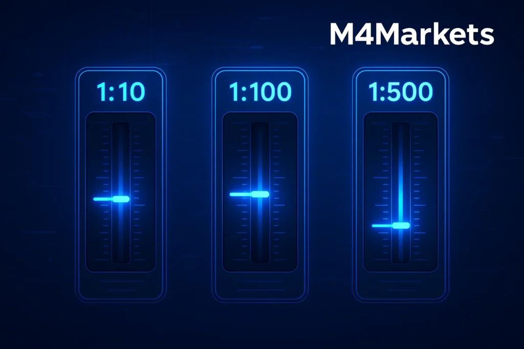 لوحة تحكم رقمية تظهر نسب رافعة مالية مختلفة على مقاييس متوهجة، مع الإشارة إلى التباين في مستويات التداول.