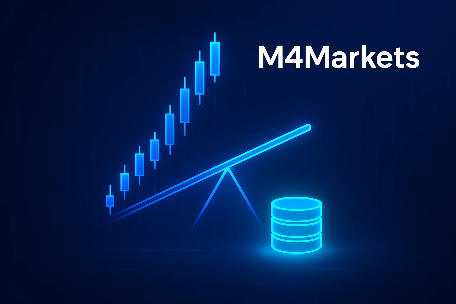 صورة عالية التقنية تمثل مفهوم الرافعة المالية في التداول، تظهر رسماً بيانياً مضيئاً ورمزاً يمثل مضاعفة رأس المال على خلفية زرقاء داكنة مع شعار M4Markets.