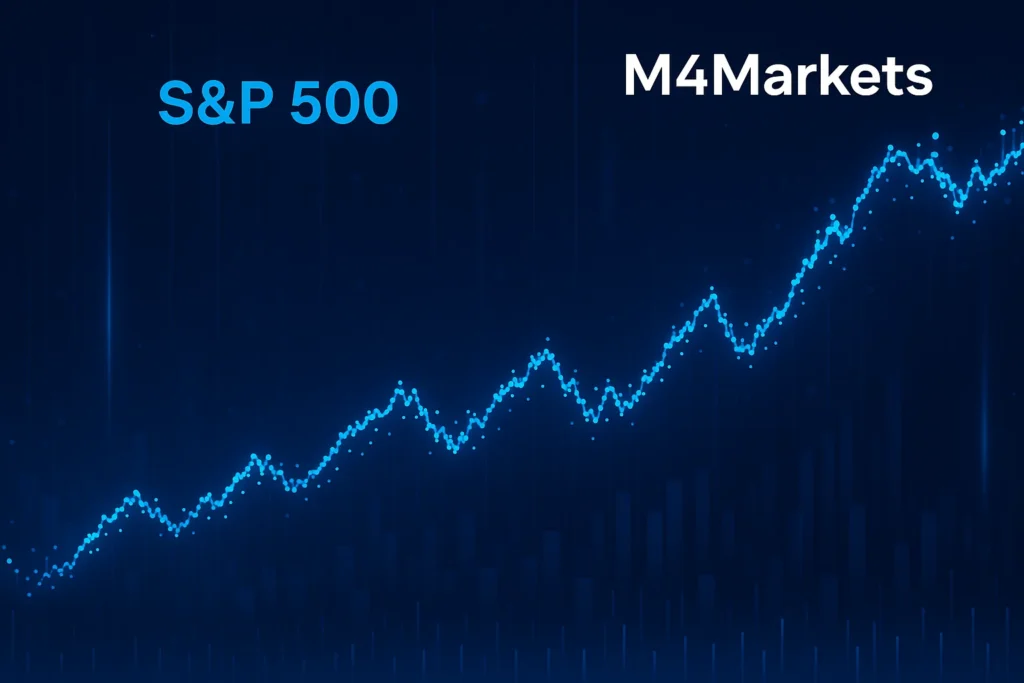 رسم بياني ديناميكي يمثل مؤشر S&P 500، يظهر خطوط بيانات واسعة النطاق تعكس التغطية الشاملة للسوق الأمريكية.
