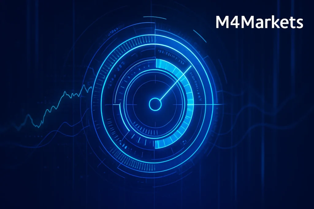 تمثيل بصري عالي التقنية لمؤشر سوق الأسهم، يظهر مقياسًا مركزيًا متوهجًا يقيس صحة السوق على خلفية زرقاء عميقة.