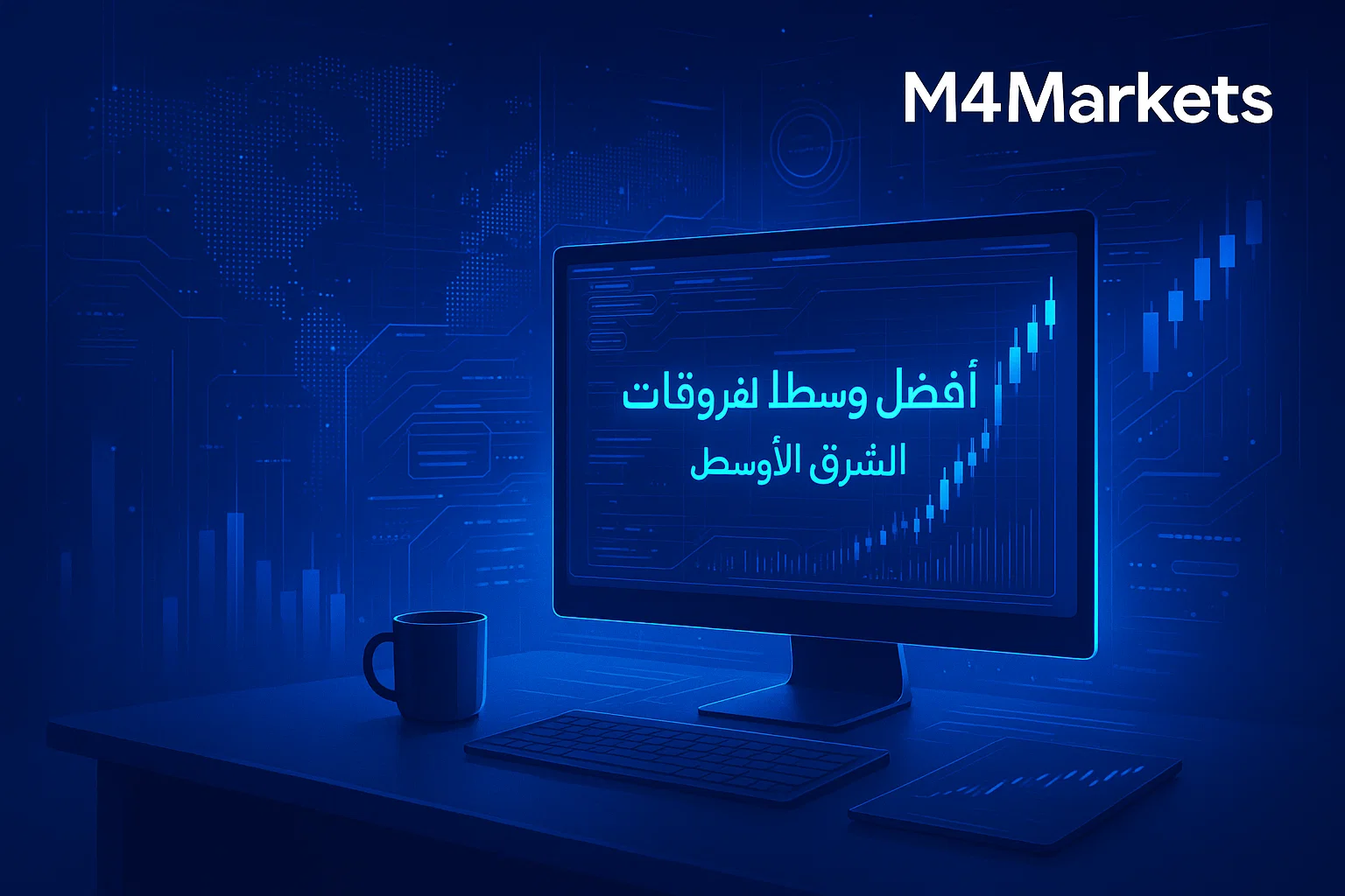 أفضل صورة مرئية لنجاح التداول الرقمي في عقود الفروقات بمنطقة الشرق الأوسط وشمال أفريقيا، باستخدام ألوان نيون زرقاء ورسومات بيانية صاعدة.