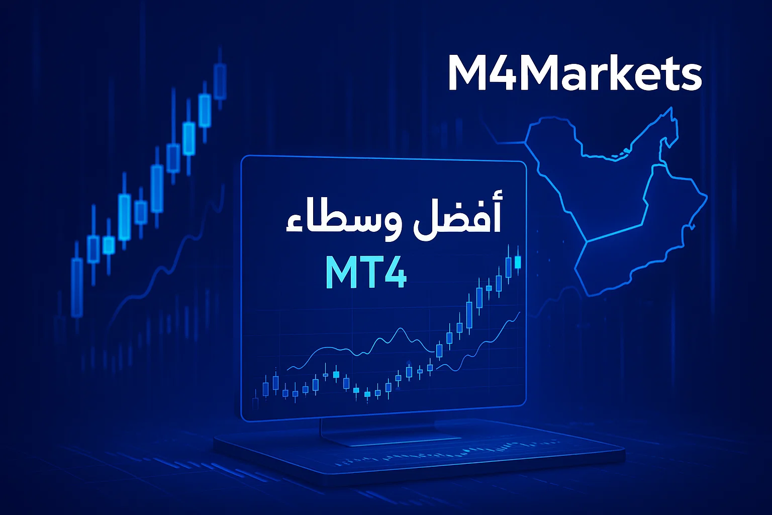أفضل وسطاء فوركس ميتاتريدر 4 في الإمارات ومنطقة الخليج لعام 2025، صورة عالية التقنية بتصميم أزرق عميق ونيون.