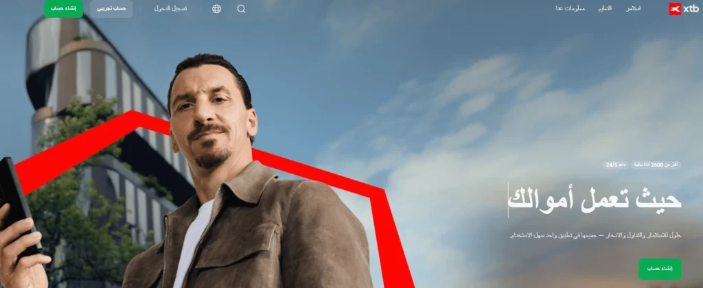 تصميم يمثل منصة XTB xStation، يبرز التداول بدون عمولة والأدوات التحليلية الشاملة التي يقدمها الوسيط.