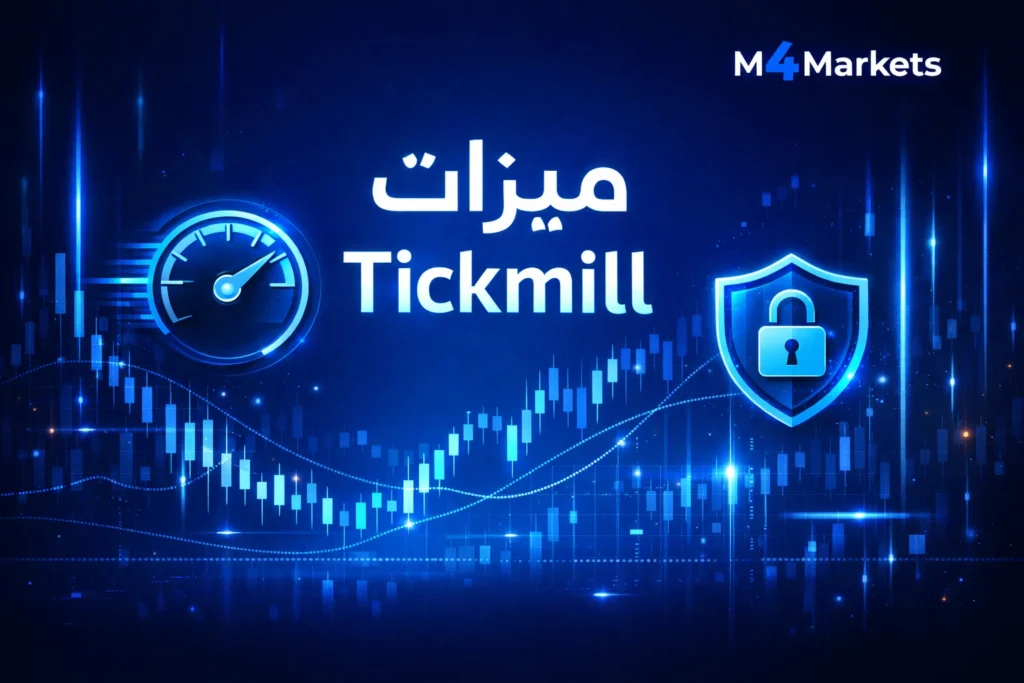 نظرة عامة سريعة على الميزات الرئيسية لشركة Tickmill في عام 2026 مع الرسوم البيانية الرقمية.