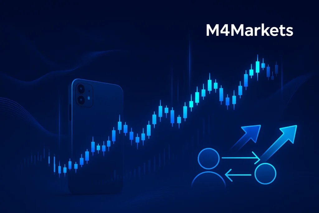 빛나는 파란색 시장 차트와 우측 상단의 M4Markets 로고가 있는 CFD 거래를 개념화한 첨단 기술의 미래 지향적 이미지.