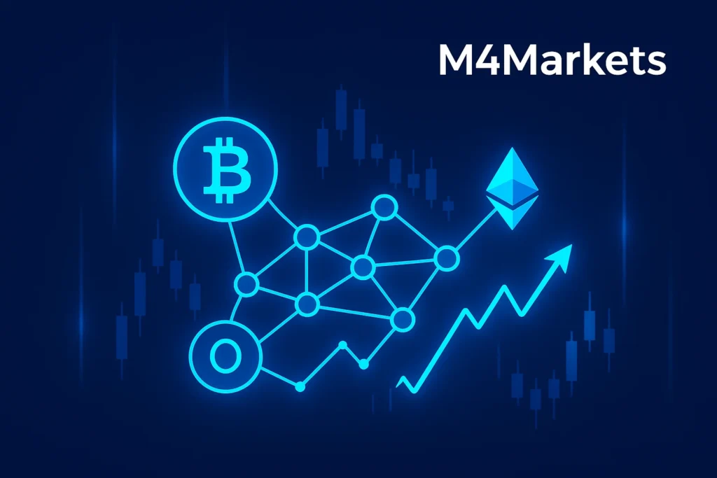 암호화폐 아이콘이 빛나는 블록체인 네트워크 그래프에 연결된, 암호화폐 거래의 정의를 보여주는 미래 지향적인 일러스트. 짙은 파란색 배경. M4Markets 로고 포함.