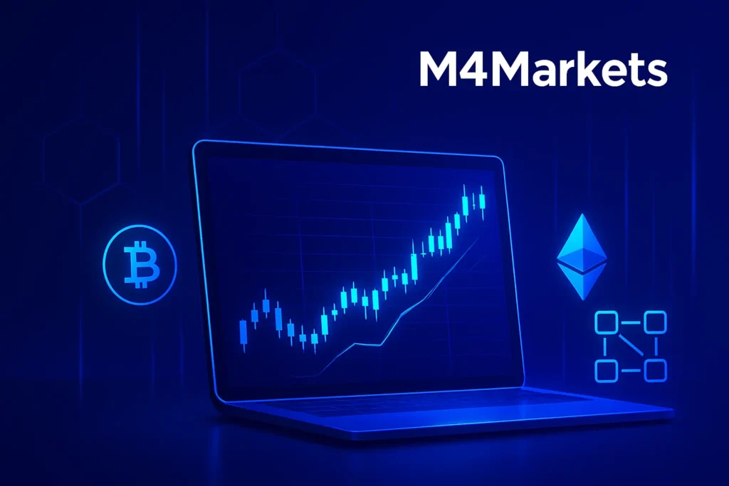 첨단 기술이 적용된 미래 지향적인 암호화폐 거래 일러스트. 짙은 파란색 배경, 네온 차트 및 블록체인 요소.