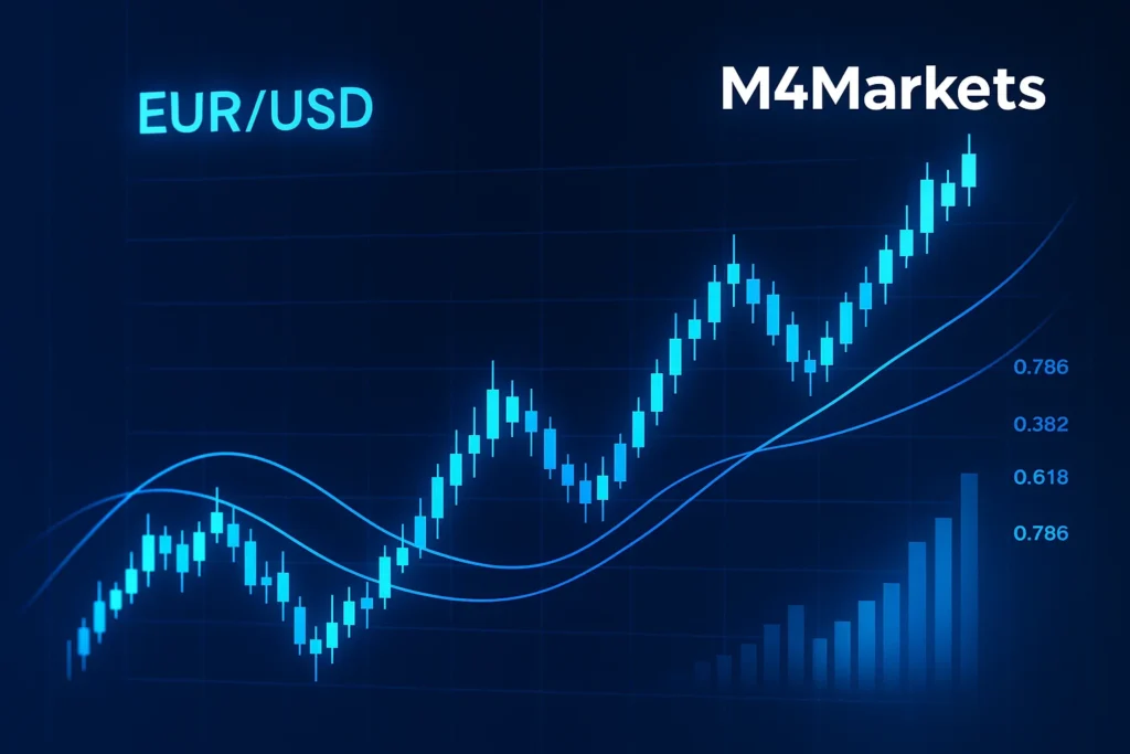 EUR/USD 추세 분석을 위한 기술적 분석 도구(이동평균선, 피보나치)와 펀더멘털 데이터를 통합한 디지털 화면.