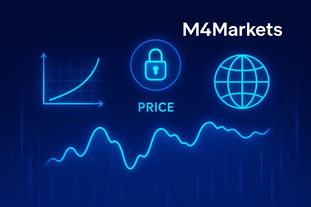 수요/공급 그래프, 규제 아이콘, 글로벌 네트워크의 영향을 받는 중앙 가격선을 보여주는 암호화폐 가격 영향 요인에 대한 시각적 표현. M4Markets 로고 포함.