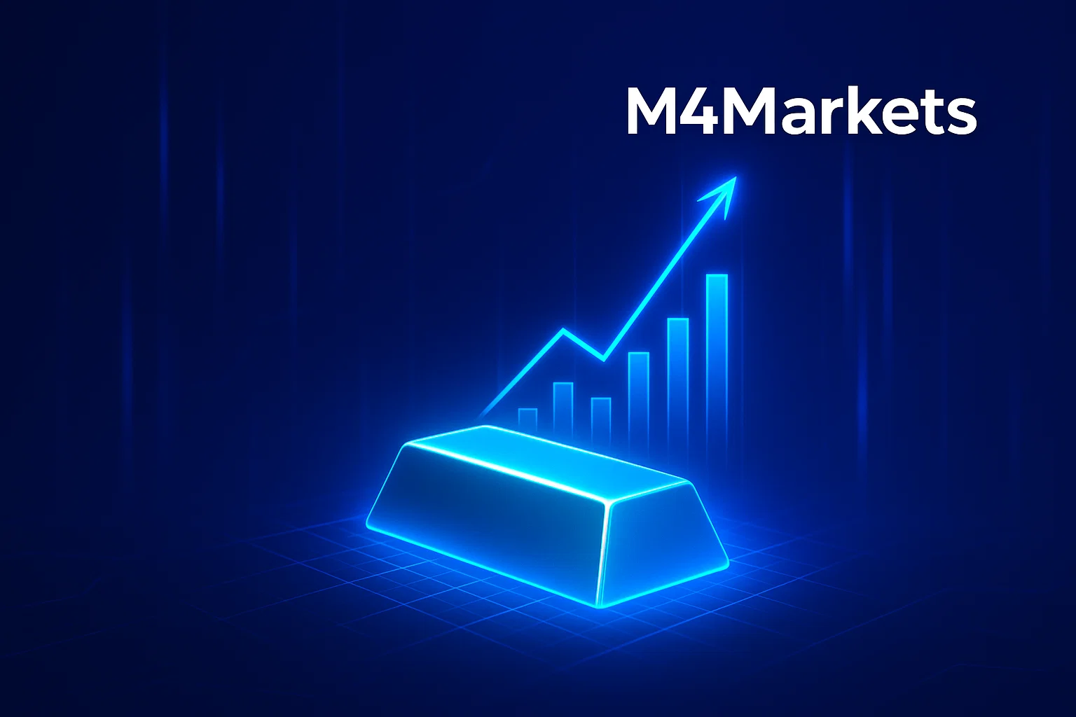 금괴와 상승하는 네온 가격 차트가 있는 미래형 금융 이미지. M4Markets 로고가 오른쪽 상단에 표시됩니다.