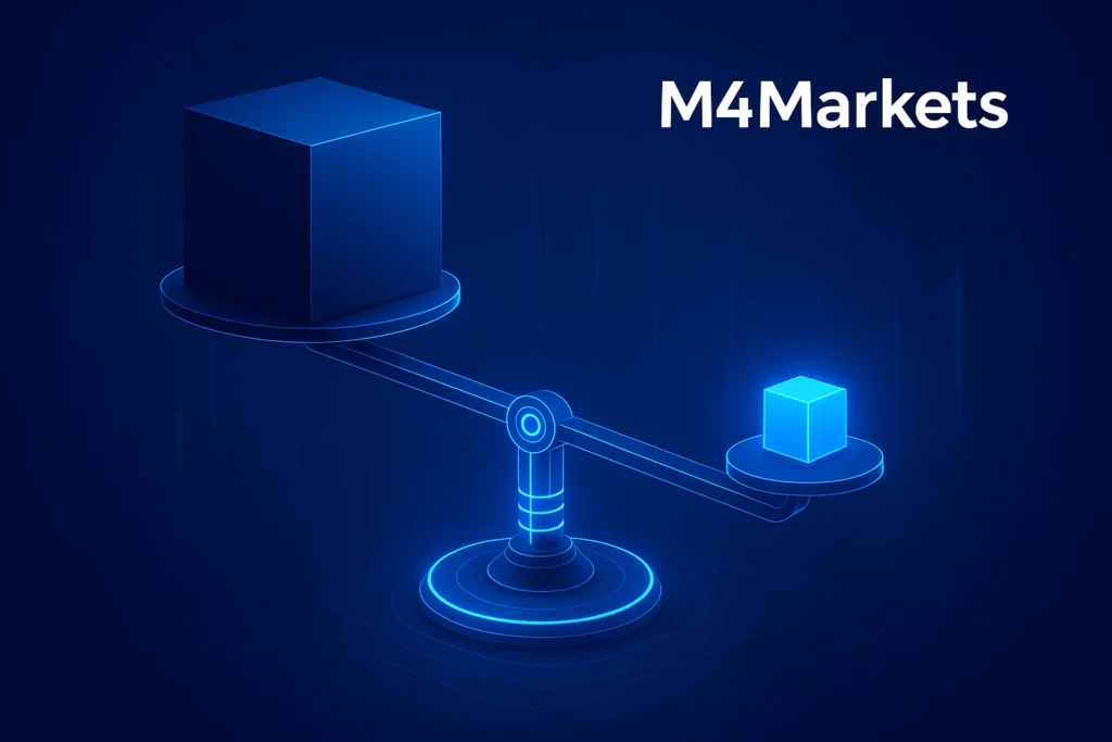 작은 자본으로 큰 포지션을 제어하는 레버리지 메커니즘을 보여주는 미래형 디지털 균형 개념.