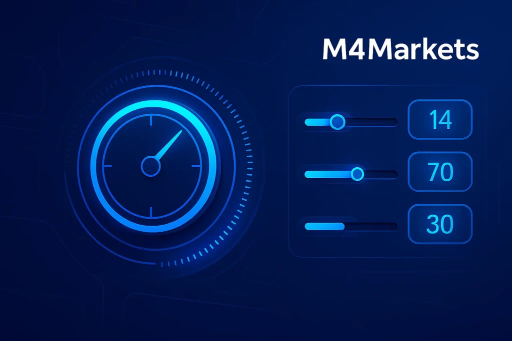 RSI 지표의 기간 및 레벨 조정 가능성을 상징하는 스타일화된 디지털 제어판 또는 다이얼 이미지.