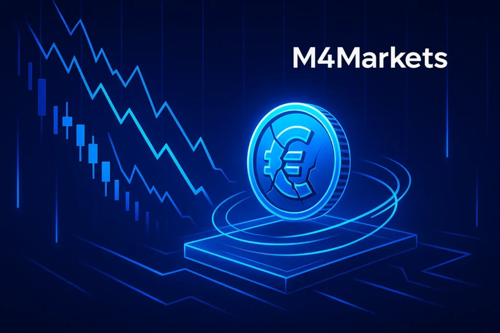 네온 파란색 금화 주위에 소용돌이치는 위험 신호를 보여주는 디지털 이미지. 금 투자의 위험 요소를 상징합니다. 