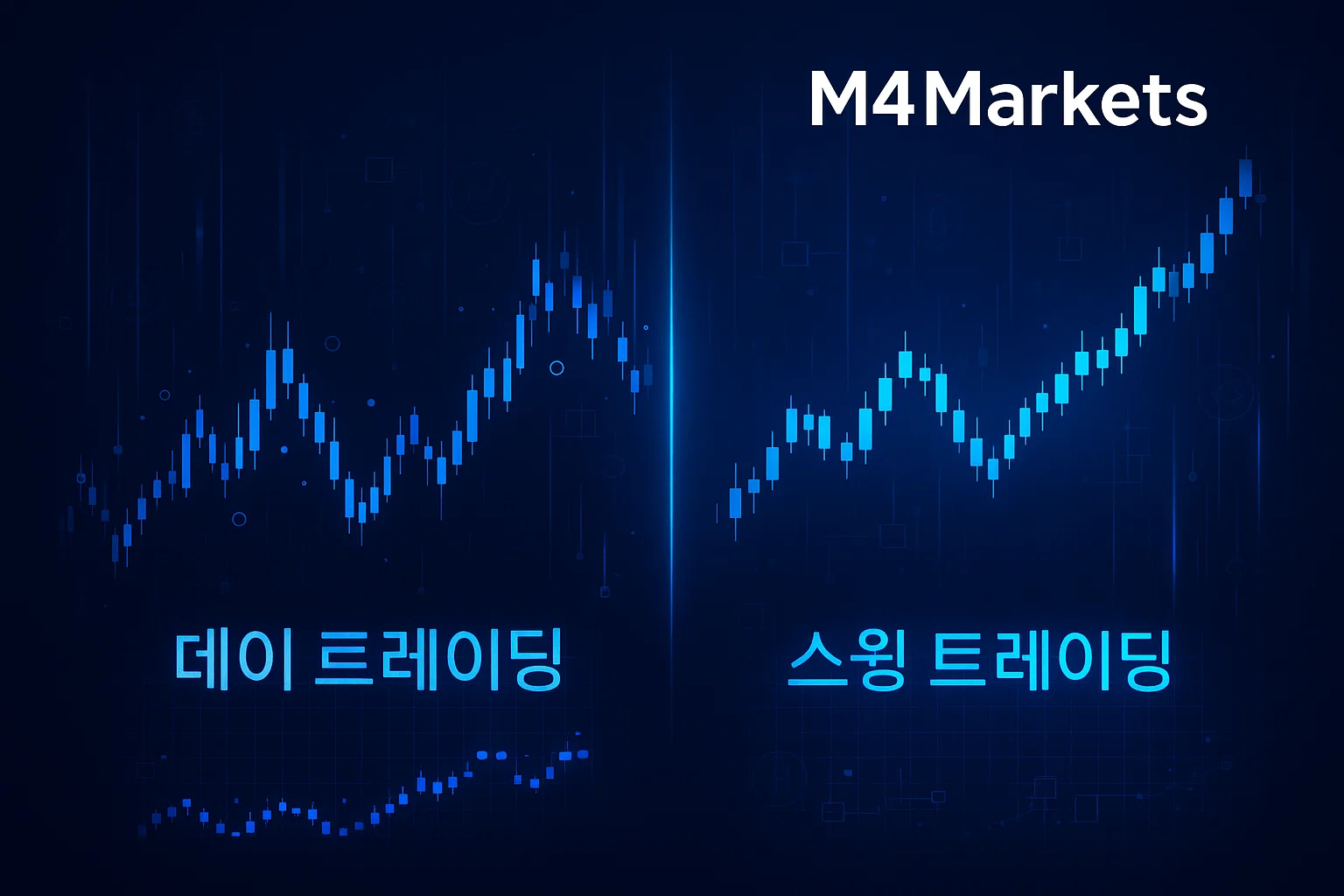 스윙 트레이딩과 데이 트레이딩의 주요 차이점, 시간 범위와 속도를 시각적으로 대조하는 고품질 기술 이미지.