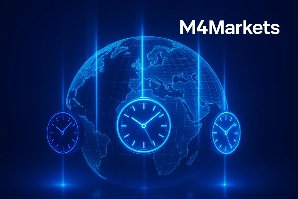 전 세계 주요 거래 시간대를 강조하며 글로벌 시장 접근성을 나타내는 이미지입니다.