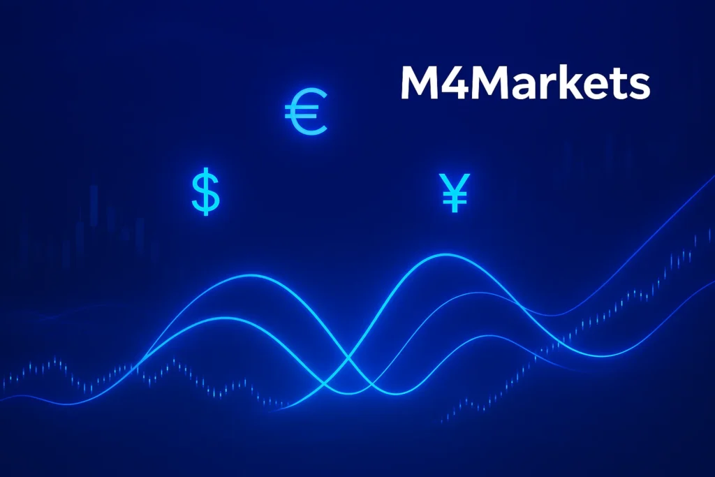 외환 거래 입문 가이드의 성공과 미래 지향적 컨셉을 담은 추상적인 디지털 이미지, M4Markets 로고 포함.