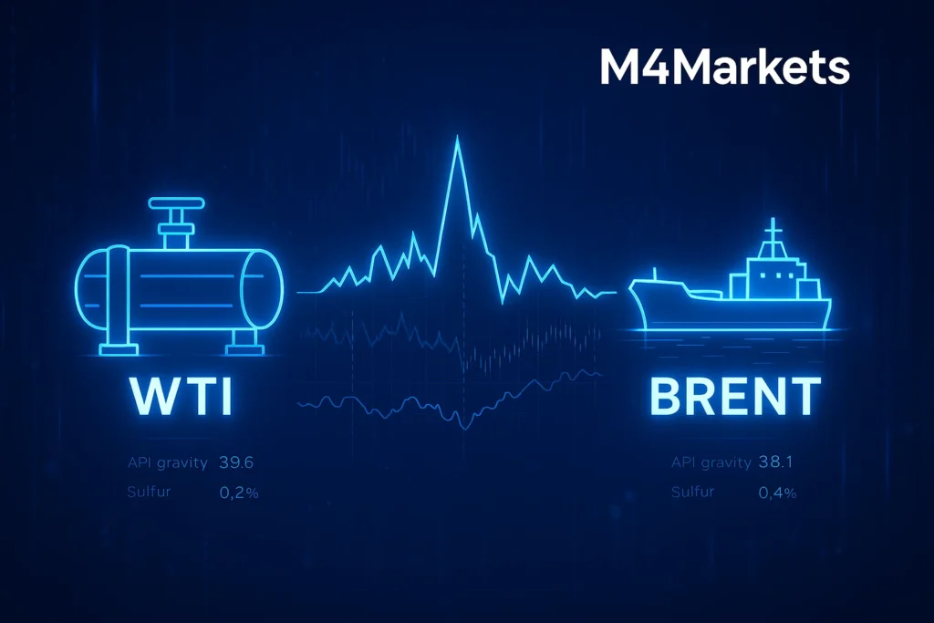 WTI와 브렌트 원유의 주요 차이점을 비교하며, 해상 및 육상 운송 요소를 강조하는 네온 블루 악센트의 미래 지향적인 금융 기술 이미지.