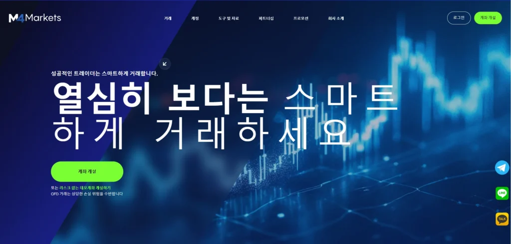 M4markets 브로커 로고와 경쟁력 있는 스프레드 및 체결 품질을 나타내는 금융 그래프