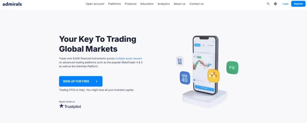 Admirals의 FCA 규제 준수와 풍부한 교육 자료를 상징하는 신뢰성 있는 금융 데이터 인터페이스. 투자자 보호 강조.