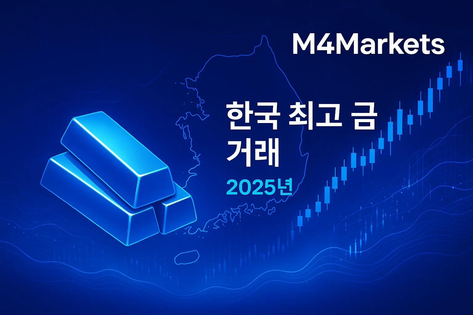 2025년 한국 금 거래 시장의 성공을 상징하는 미래지향적 이미지. 금괴, 네온 차트, M4markets 로고가 보임.