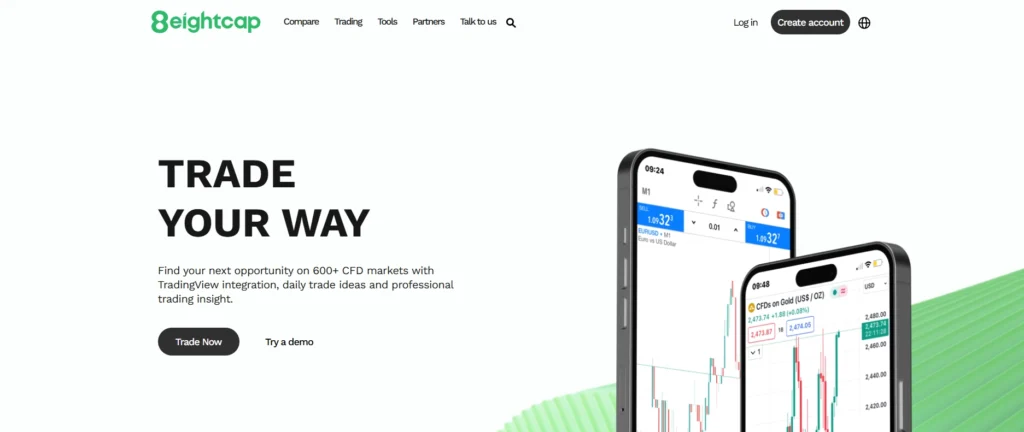 Eightcap MT5 플랫폼의 금속 CFD 거래 인터페이스 및 분석 지표.
