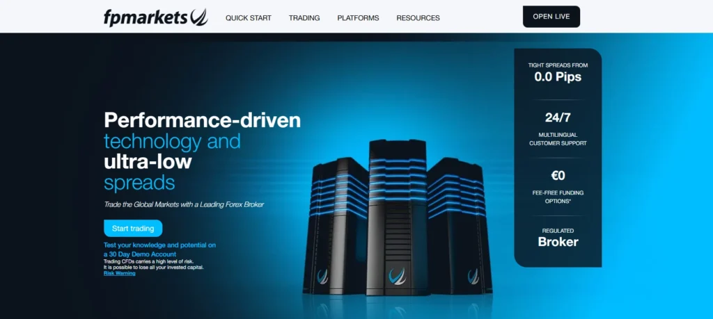 FP Markets 브로커 로고와 낮은 ECN 비용 및 우수한 기술 지원을 나타내는 데이터 센터 이미지