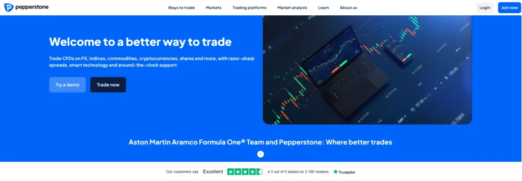 Pepperstone 브로커 로고와 Razor 계정의 매우 낮은 스프레드를 보여주는 거래 차트