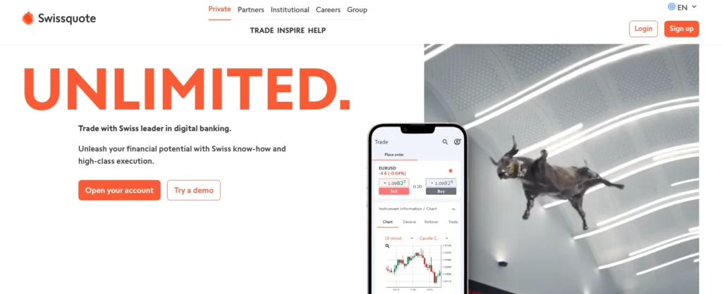 FINMA 규제를 받는 Swissquote의 안정적인 플랫폼에서 금융 데이터를 분석하는 모습.