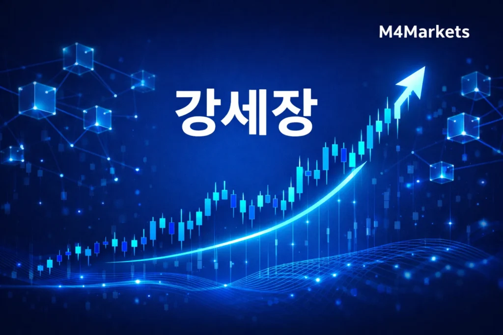상승하는 차트와 강세장의 특징을 나타내는 M4Markets의 혁신적인 트레이딩 그래픽