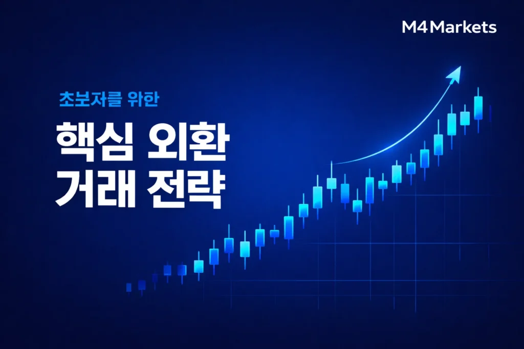 핵심 외환 거래 전략 텍스트와 브랜드 네온 컬러 캔들스틱 차트가 어우러진 M4Markets 이미지