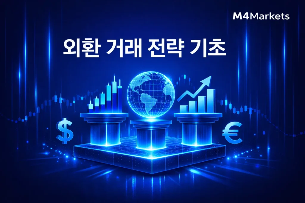 M4Markets 로고와 외환 거래 전략 기초 텍스트가 포함된 푸른색 하이테크 디지털 배경 이미지