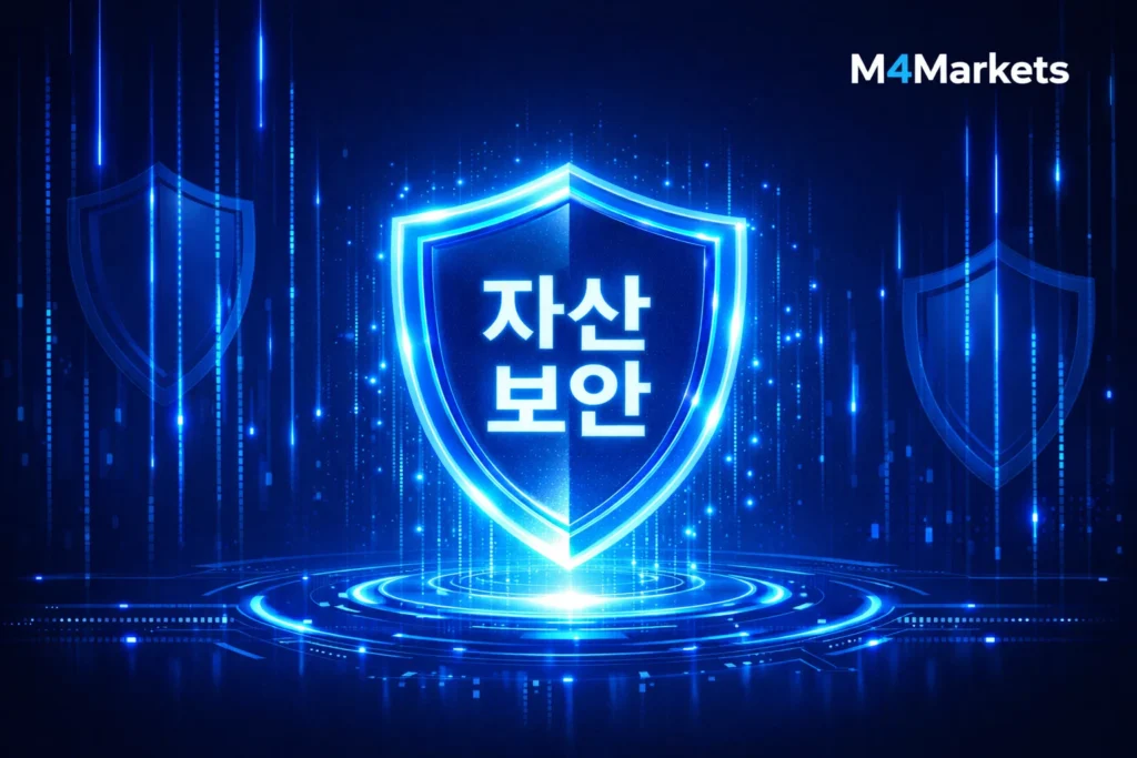 고객 자산 보호와 법적 신뢰성을 상징하는 디지털 방패와 고기술 보안 요소가 포함된 이미지.