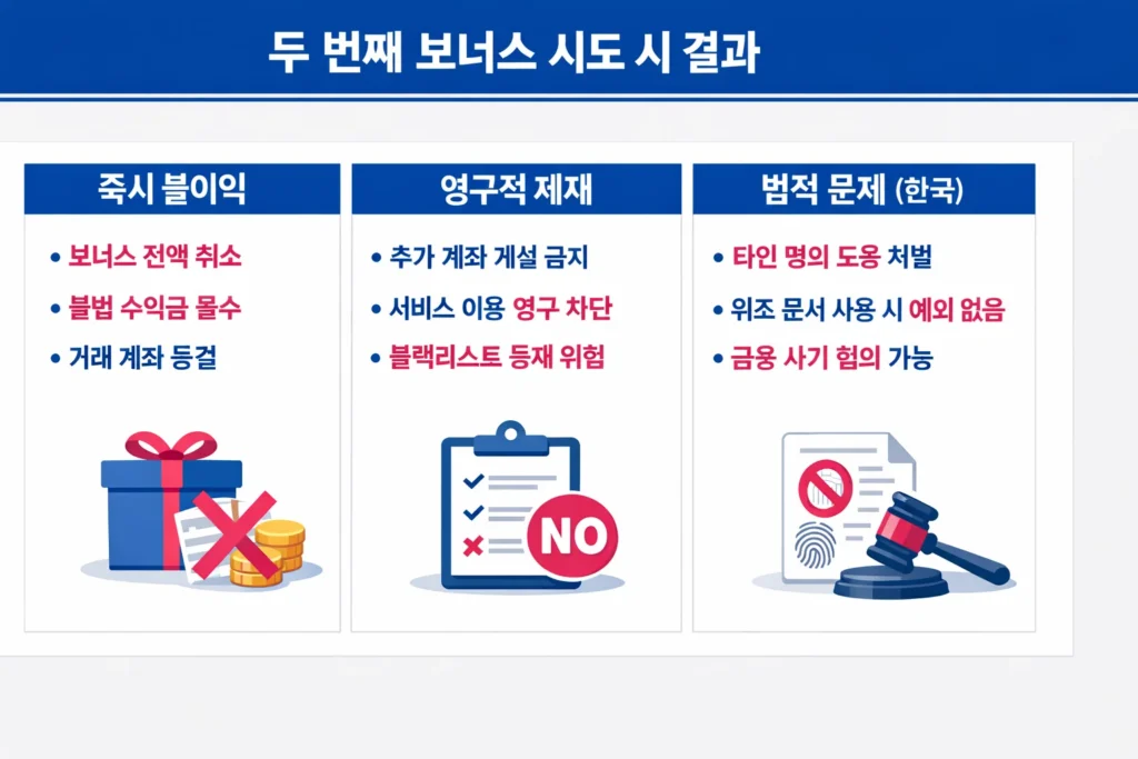 해외 FX 및 CFD 거래 시 계좌 개설 보너스 중복 수령 시도에 따른 즉시 취소, 영구 제재, 법적 문제 등의 결과 안내.