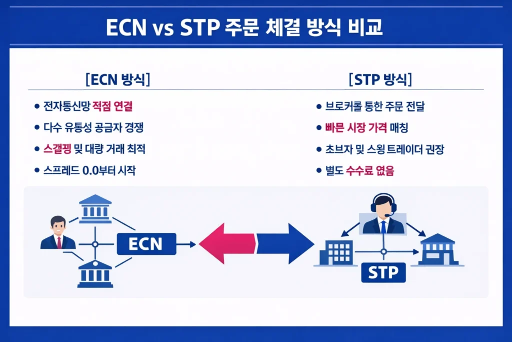 ECN과 STP의 주문 체결 경로와 특징을 한눈에 비교할 수 있도록 정리한 금융 인포그래픽 가이드.