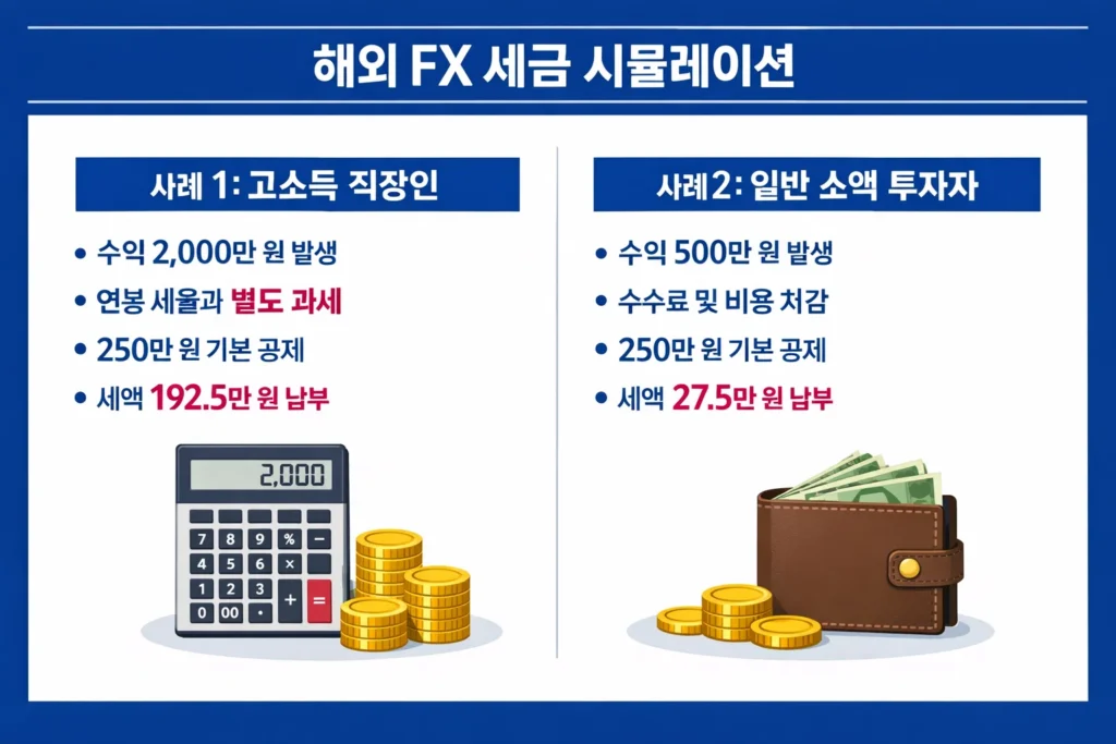 고소득 직장인과 소액 투자자의 해외 FX 수익에 따른 세금 계산 사례 및 납부 세액 시뮬레이션 인포그래픽.