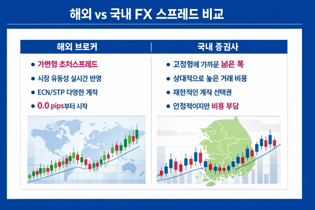 해외 브로커와 국내 증권사의 FX 스프레드 및 거래 환경 차이점을 비교한 인포그래픽.