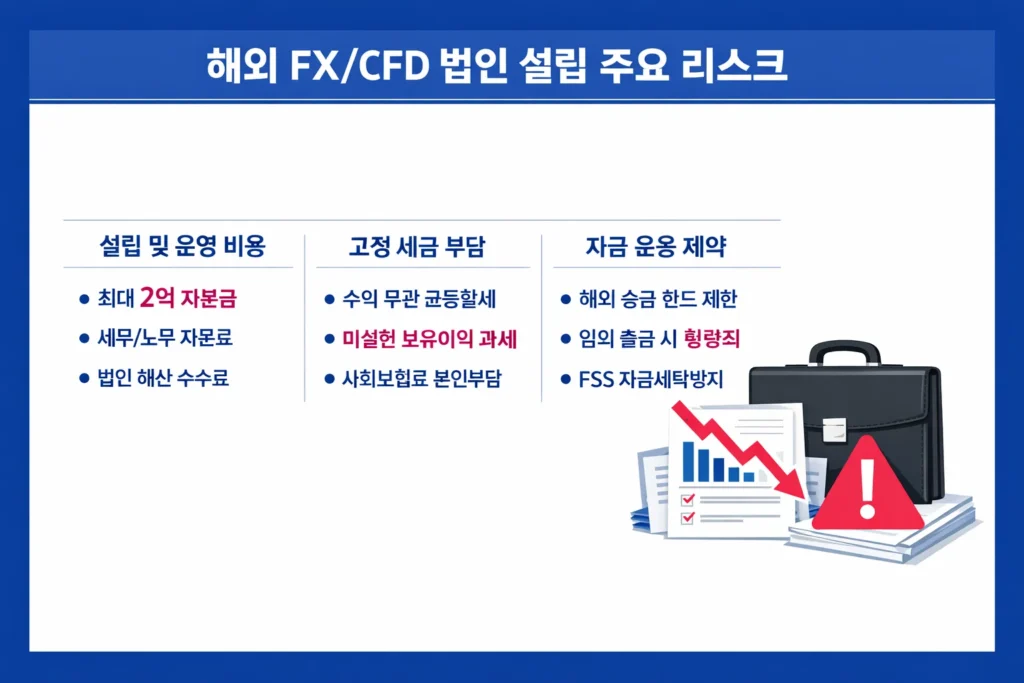 한국 해외 FX 및 CFD 법인 설립 시 발생하는 설립 비용, 고정 세금, 자금 운용 제약 등 주요 리스크 요약.