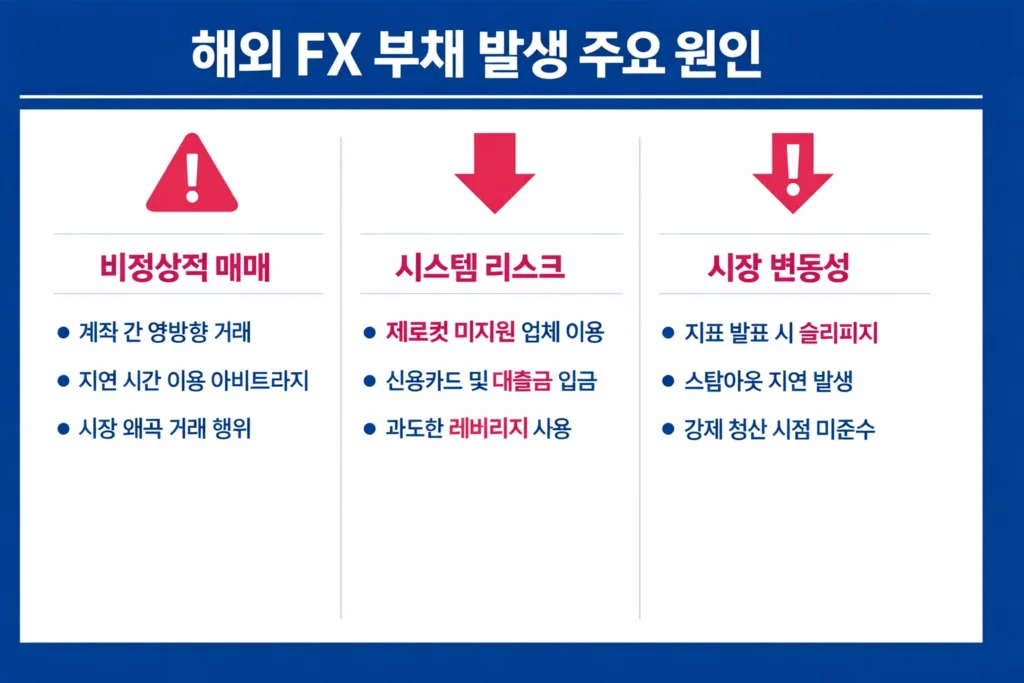 해외 FX 거래 시 부채가 발생하는 세 가지 주요 원인인 비정상 매매, 시스템 리스크, 시장 변동성 설명.