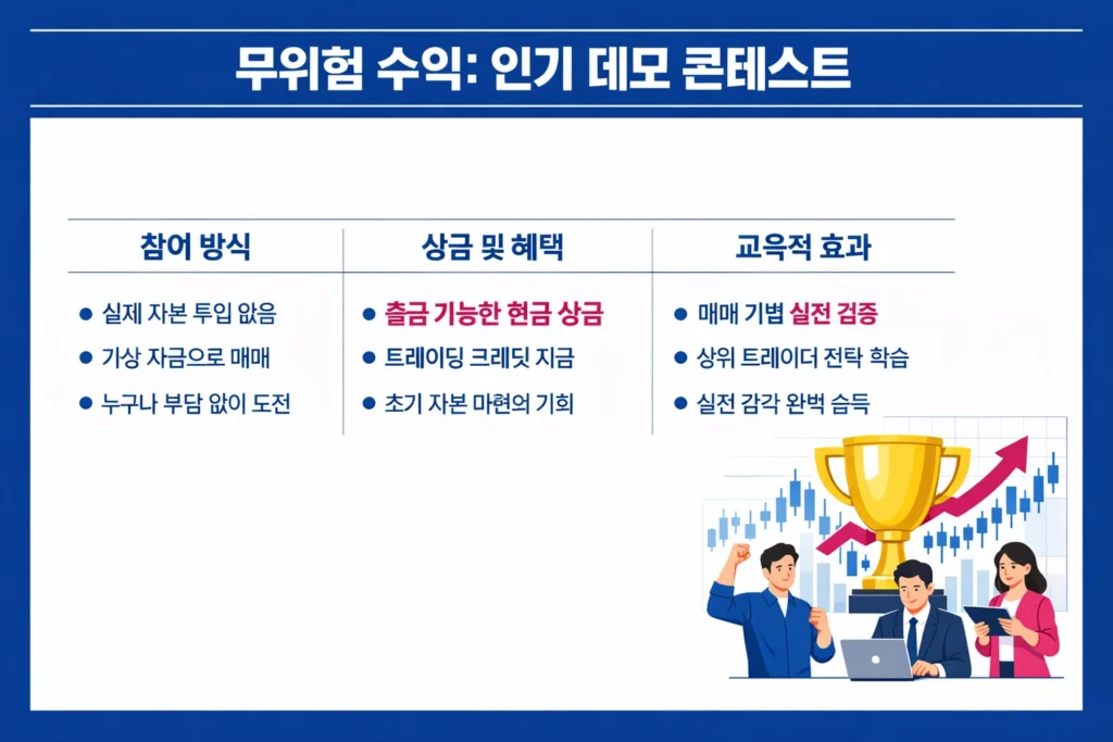 외환 트레이더를 위한 인기 데모 콘테스트의 참여 방식, 현금 상금 혜택 및 교육적 효과를 설명하는 인포그래픽.