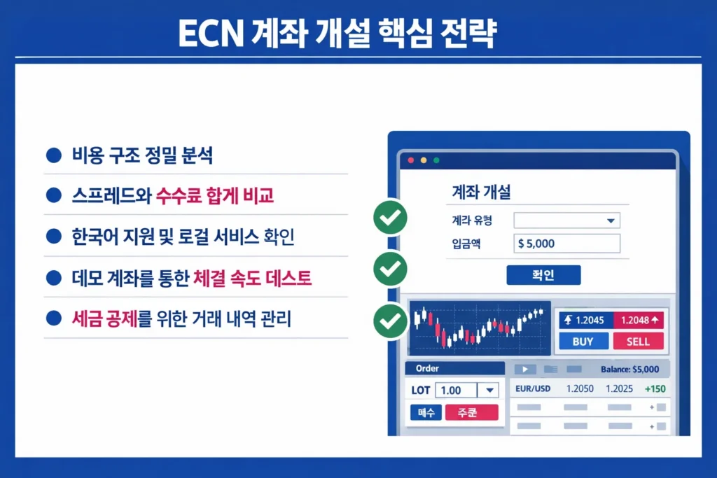 한국 트레이더를 위한 해외 ECN 계좌 개설 전 확인해야 할 비용 분석, 속도 테스트, 세금 관리 단계 안내 인포그래픽.