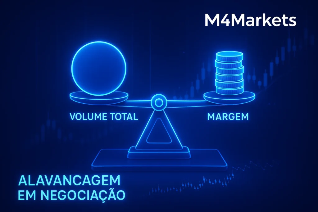 Representação visual futurista da alavancagem em negociação, mostrando uma balança digital equilibrando um grande volume de mercado com uma margem pequena.
