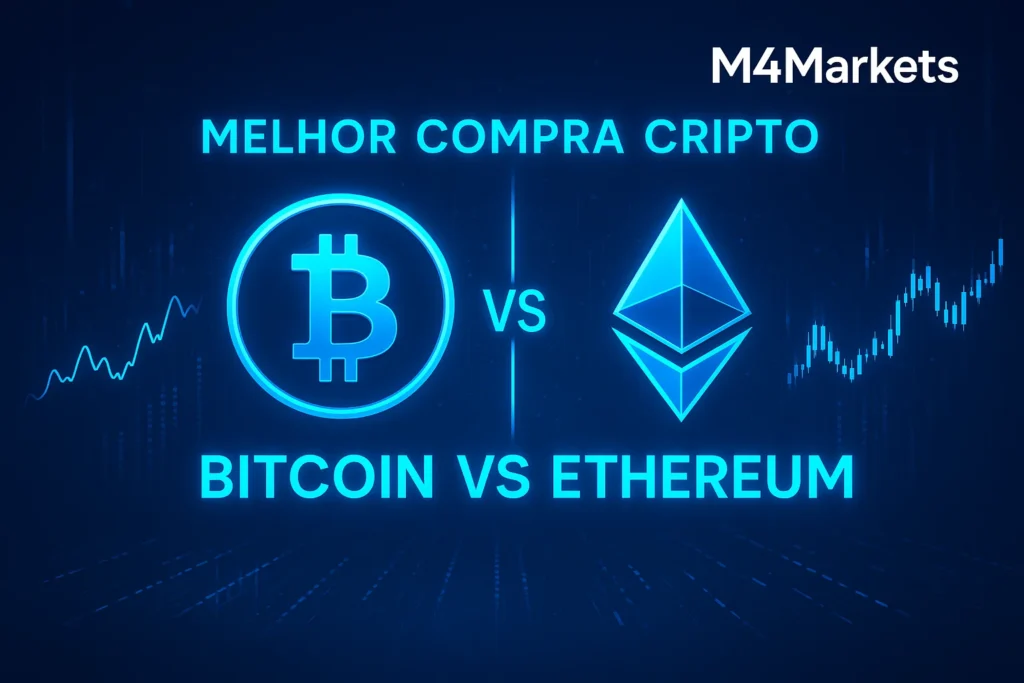 Representação futurista da comparação entre Bitcoin e Ethereum, destacando qual é a melhor compra cripto.