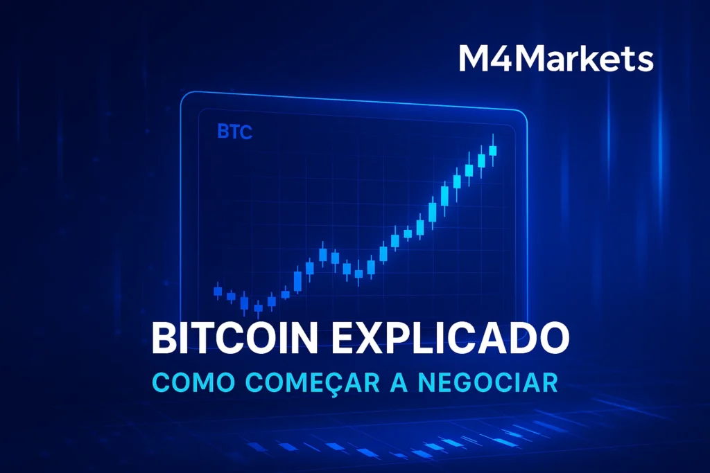Imagem futurista de negociação de Bitcoin, com um gráfico de velas em alta e o texto "Como Começar a Negociar" no centro.